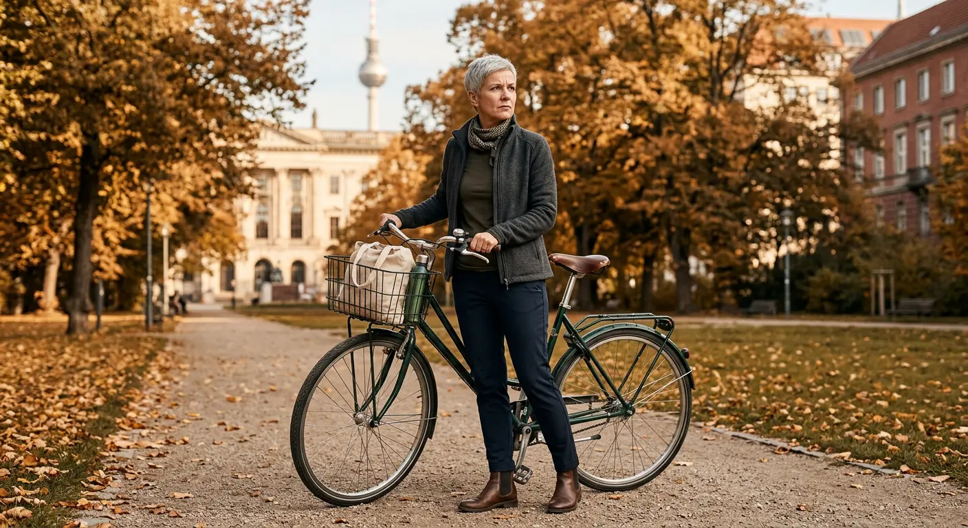 Frau im Alter von 58 Jahren steht nachdenklich in einem Berliner Park